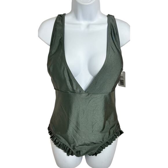 Cupshe Sweet Smile Solid One Piece Swimsuit Sz Large Gray Plunge V Ruffle Legs - Picture 1 of 4